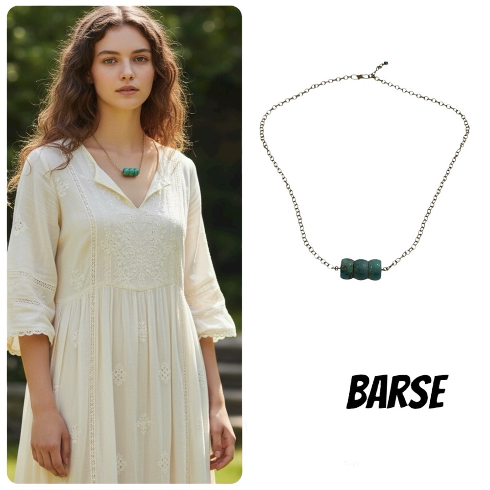 RETIRED Barse Brass & Turquoise Necklace Small Round Link Boho Southwestern Chic